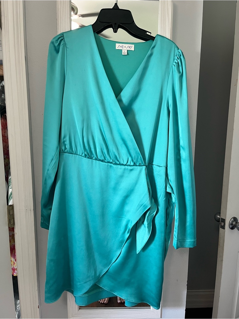 She + Sky Turquoise Satin Wrap Dress